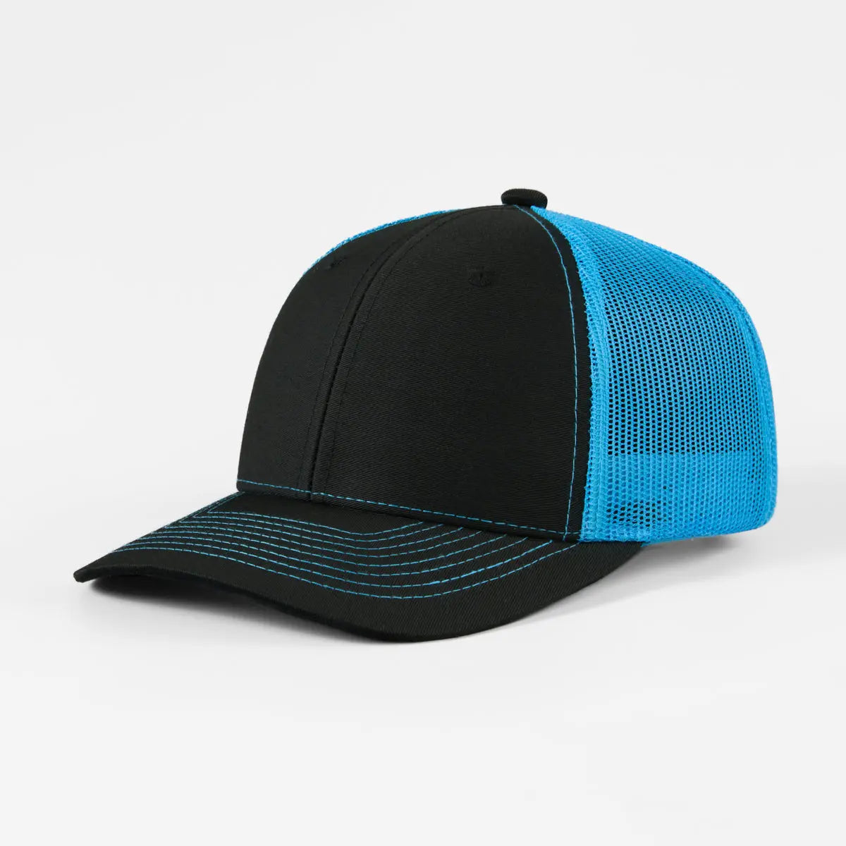 Blank 6 Panel Mesh Trucker Hat - 7018  Black+Blue Foremost Hat