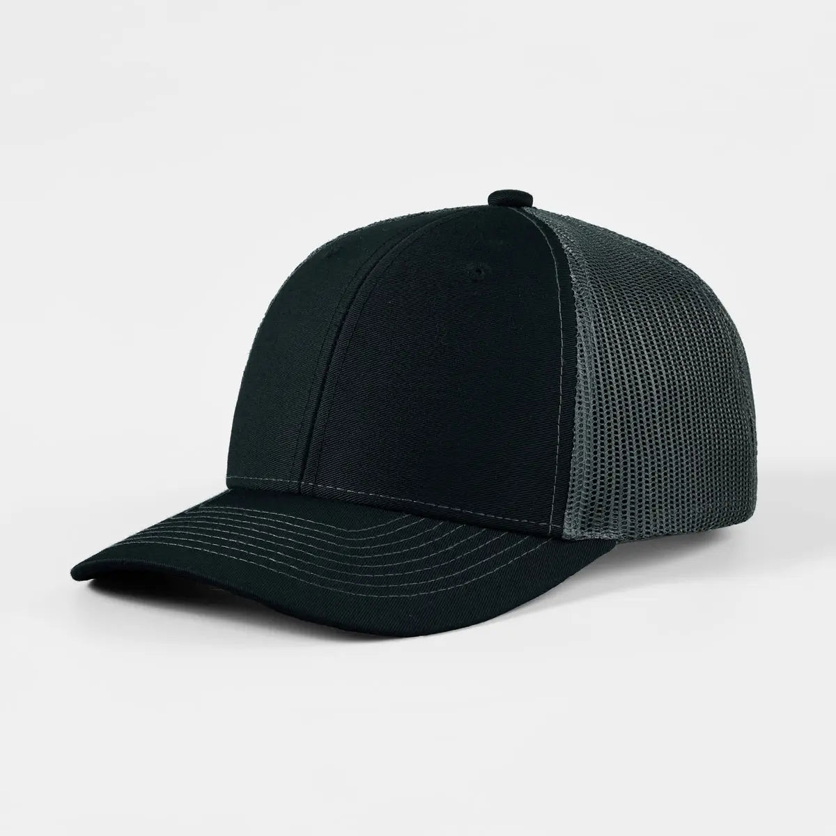 Blank 6 Panel Mesh Trucker Hat - 7018  Black+Charcoal Foremost Hat