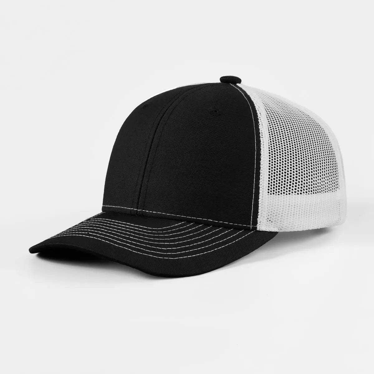 Blank 6 Panel Mesh Trucker Hat - 7018  Black+White Foremost Hat