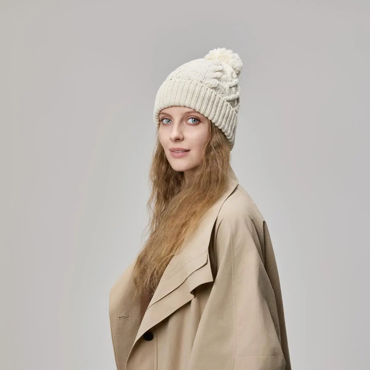 Blank Merino Wool Cable-Knit Beanie with Pom-Pom Wholesale - 1168 foremosthat