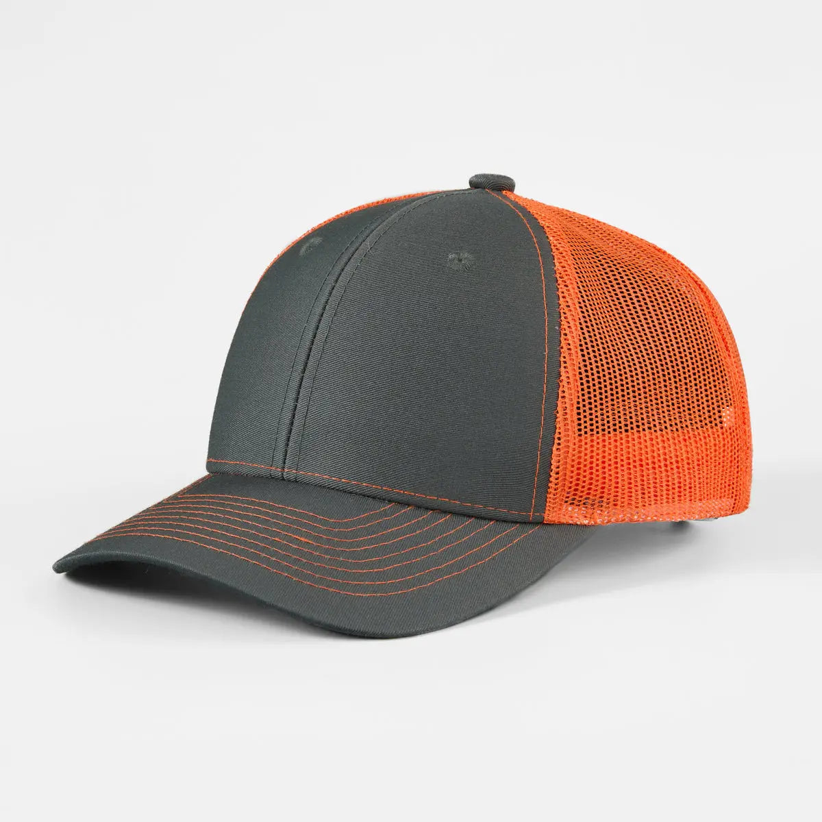 Blank 6 Panel Mesh Trucker Hat - 7018  Charcoal+Neon Orange Foremost Hat
