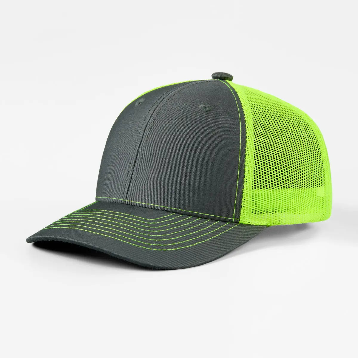 Blank 6 Panel Mesh Trucker Hat - 7018  Charcoal+Neon Yellow Foremost Hat