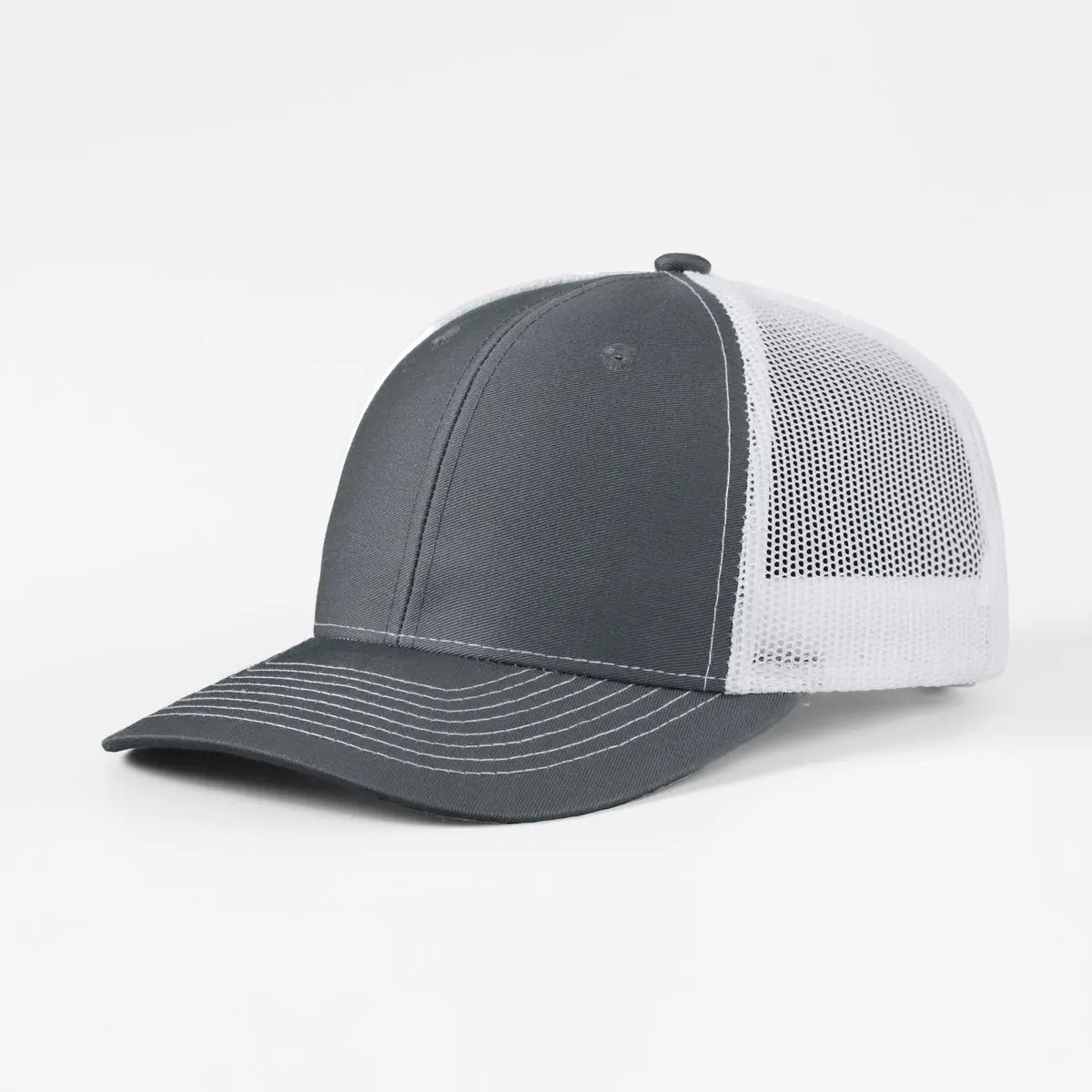 Blank 6 Panel Mesh Trucker Hat - 7018  Charcoal+White Foremost Hat