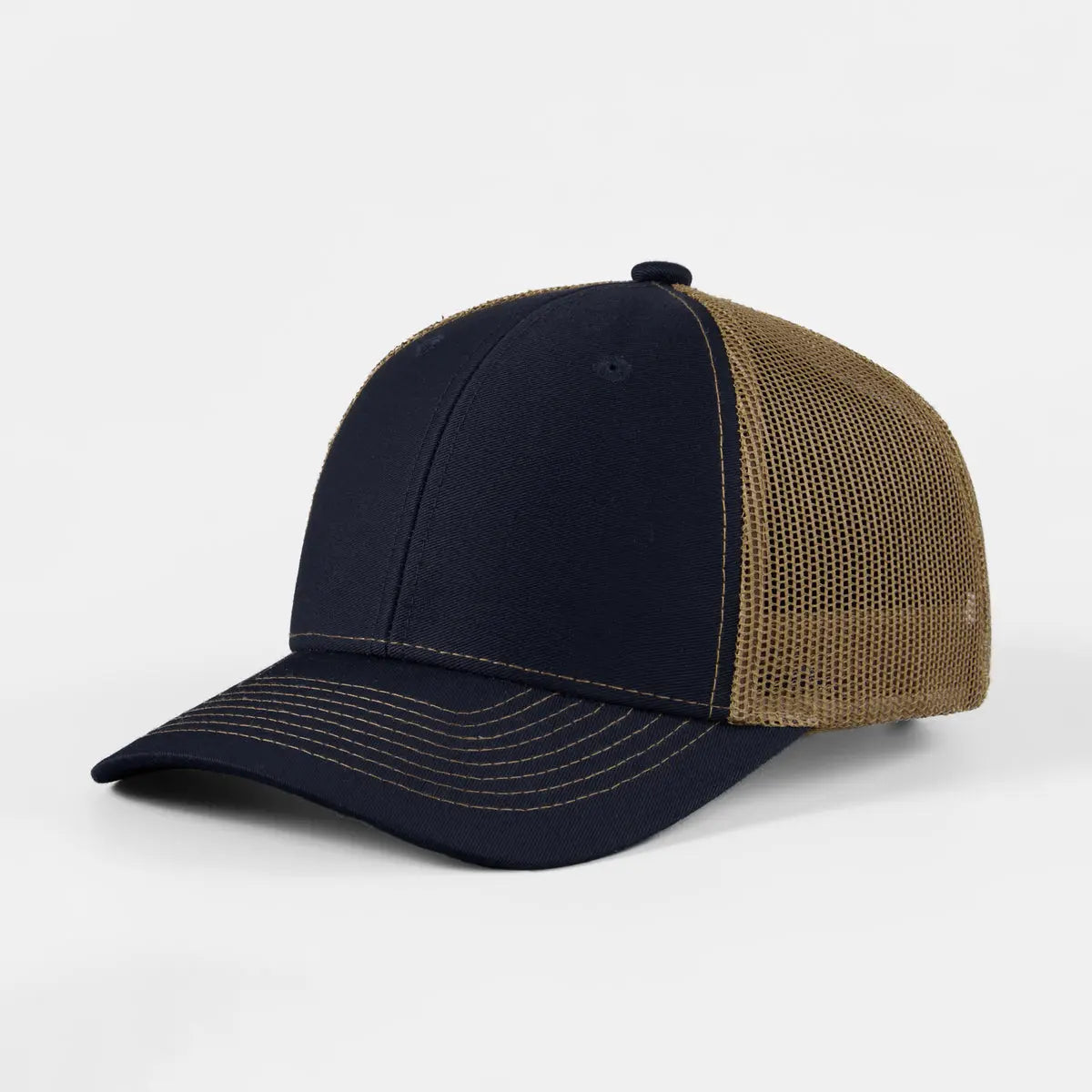 Blank 6 Panel Mesh Trucker Hat - 7018  Navy+Brown Foremost Hat