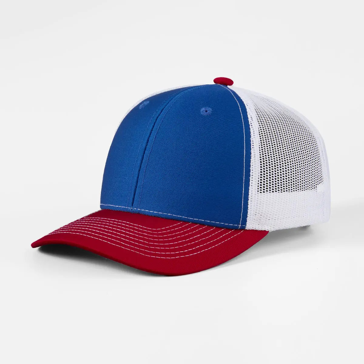 Blank 6 Panel Mesh Trucker Hat - 7018  R.Blue+Red+White Foremost Hat
