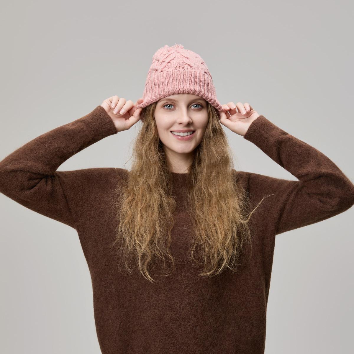 Blank Merino Wool Cable-Knit Beanie with Pom-Pom Wholesale - 1168