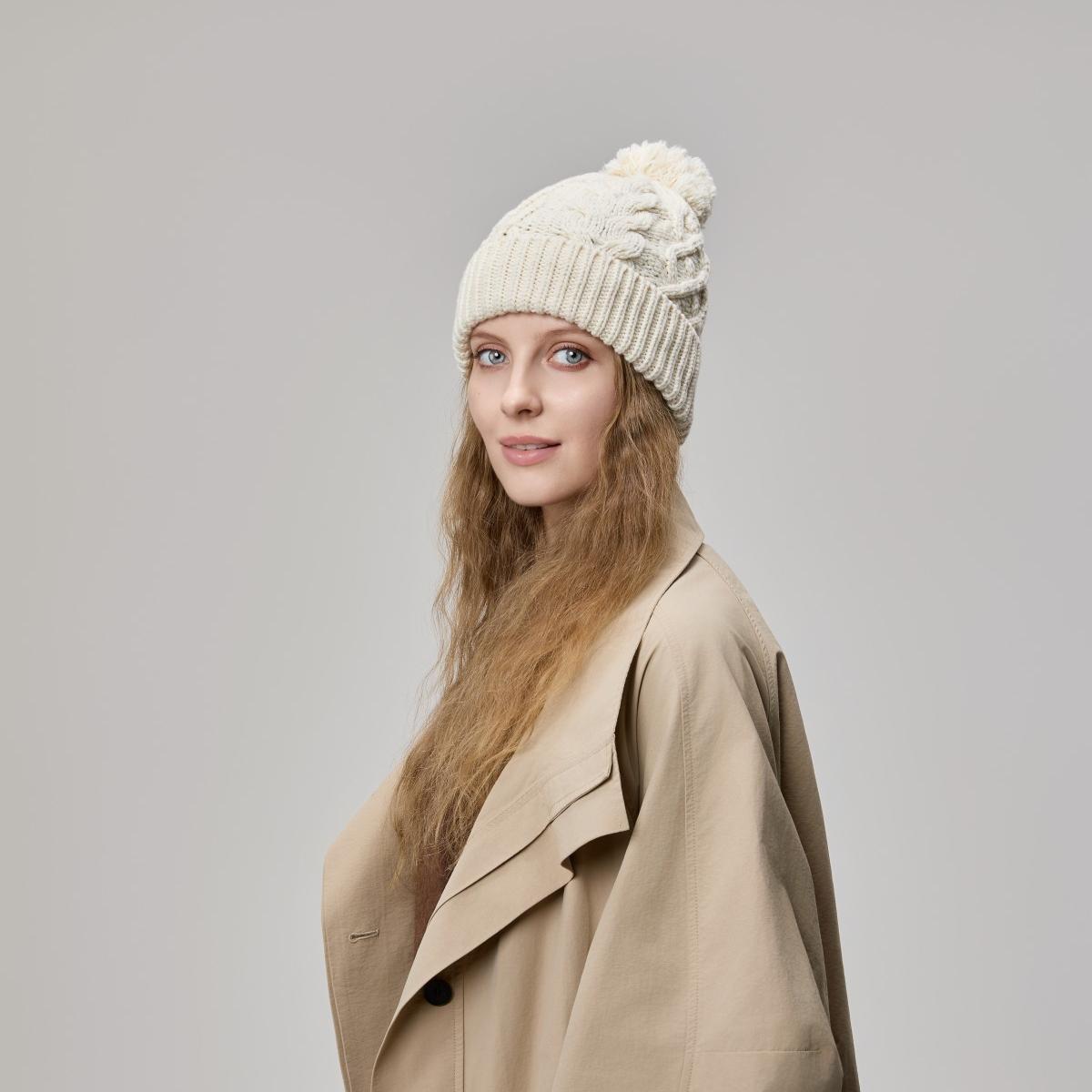 Blank Merino Wool Cable-Knit Beanie with Pom-Pom Wholesale - 1168