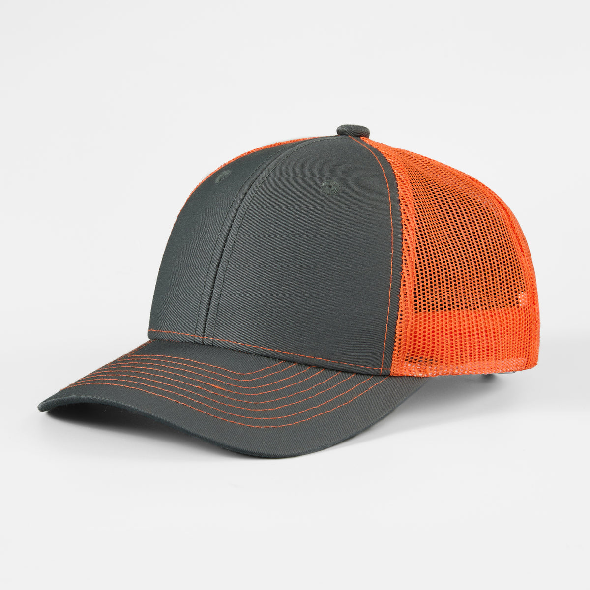 Blank 6 Panel Mesh Trucker Hat - 7018  Charcoal+Neon Orange Foremost Hat