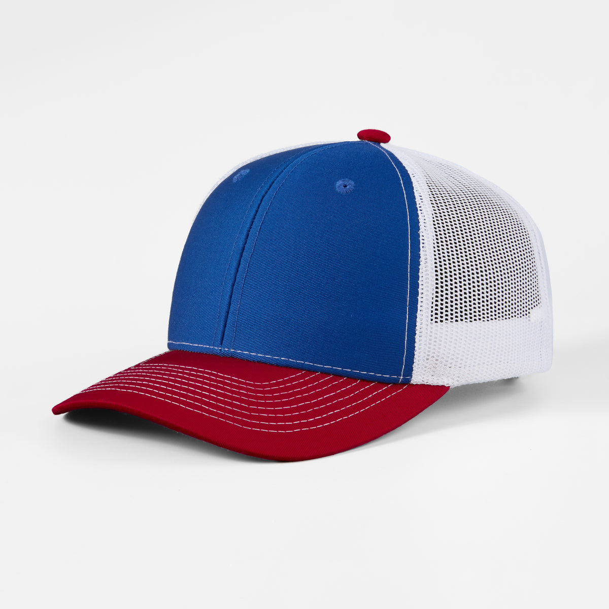 Blank 6 Panel Mesh Trucker Hat - 7018  R.Blue+Red+White Foremost Hat